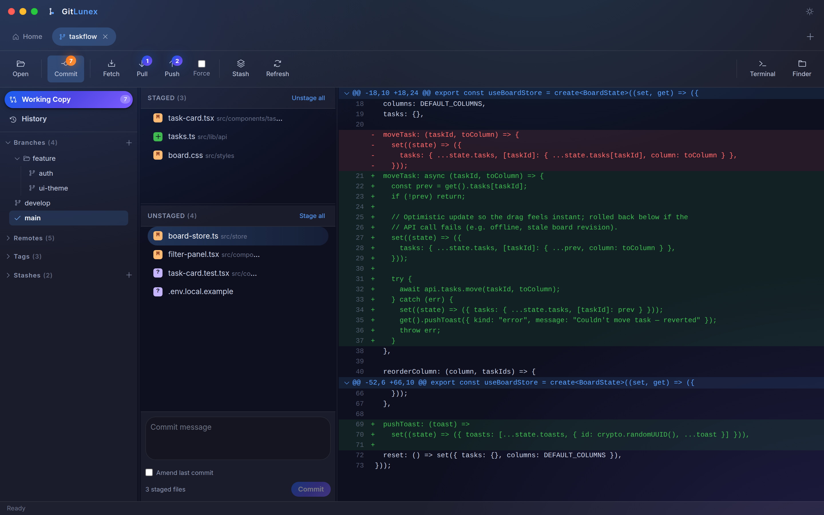 GitLunex working copy with staged and unstaged changes